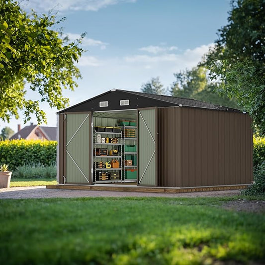 JUMMICO 8 x 10 FT Outdoor Storage Shed, Large Metal Garden Shed & Tool Sheds for Backyard Garden Patio Lawn (Brown)