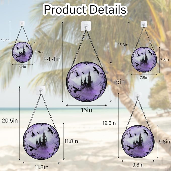 CRISGIF Stained Glass Window Hanging - Halloween Gothic Castle Purple Smoke Suncatcher for Doors Garden Home Spooky Crow Sun Catchers Gothic Decor Horror Gift for Women Men Friend Boy Girl 6.3 in