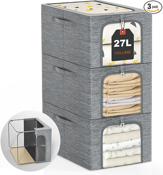 GoMaihe Clothes Storage Bins Metal Frame: 3-Pack Compact Stackable Closet Storage Bin with Lid & Clear Window, Space Saving Organizer for Sweaters Kids Clothes (Dorm/Closet 27L)