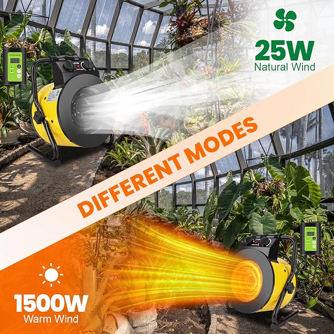 Greenhouse Heater with Thermostat, 1500W Outdoor Heaters for Patio, Fast Heating, Overheat Protection, Electric Space Heaters for Greenhouse, Grow Tent, Patio, Garage, Indoor（Yellow）