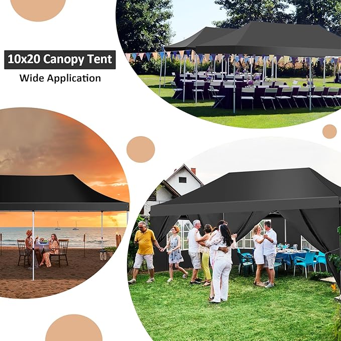 COBIZI 10x20 Pop Up Canopy with 6 Sidewalls, Conical Party Tent 10x20 with 3 Adjustable Height Waterproof, UV-Resistant with Carry Bag, Sandbag, Stake, Ropes for Parties, Commercial (Frame Upgraded)