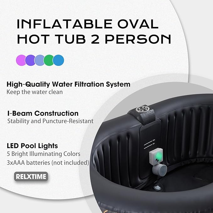 Portable 2 Person Hot Tub Inflatable, Outdoor Blow Up Hottub with Led Light, Energy Efficient Cover, 100 Air Jets Built in Heater Pump, Oval Spa for Relaxation, Table Tray, 2 Filters, Black