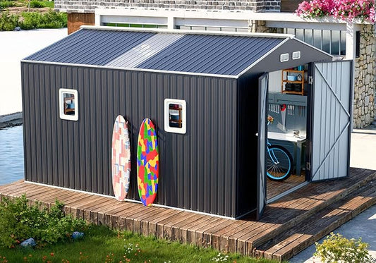 Metal Storage Shed 10x12 FT Reinforced Frame with Unique Clear Roof Skyview Windows Air Vents Door for Outside Garden Patio Lawn Backyard to Store Bikes,Lawnmower,Garage,Dark Grey Large