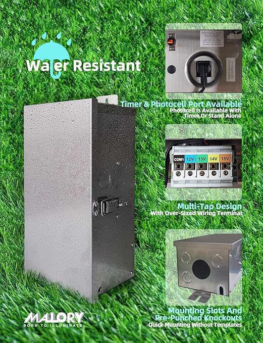 MALORY 150W Low Voltage Transformer with Timer & Photocell for Landscape Lighting,120V AC to 12V/13V/14V/15V Multi-Tap Waterproof Power Supply Outdoor Lights,Yard Lights,Garden Lights Silver