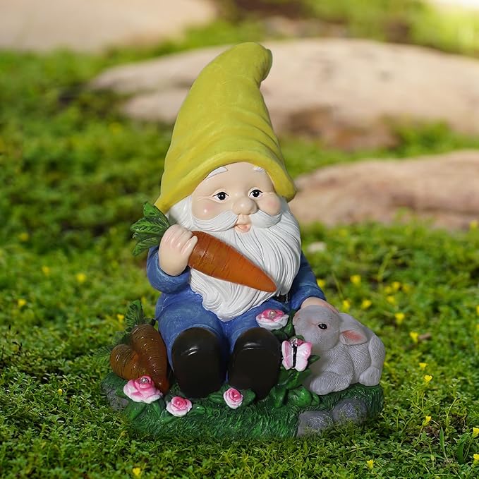 NATASE Solar Garden Outdoor Statues Gnome Feeding Rabbit with 6 LED Lawn Decor Outside Decorations for Patio, Balcony, Yard Ornament Unique Garden Gift