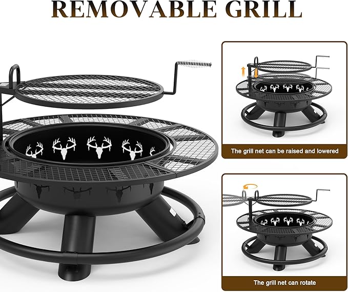 BALI OUTDOORS Fire Pit with Poker, Outdoor Fire Pit Extra Large, Wood Burning Firepits for Outside with Grill, 47 inch