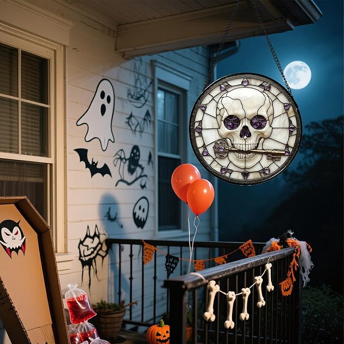 CRISGIF Stained Glass Window Hanging - Halloween Scary Skull Suncatcher for Doors Garden Home Spooky Purple Skeleton Key Sun Catchers Gothic Decor Horror Gifts for Women Men Friend Boy Girl 15 in