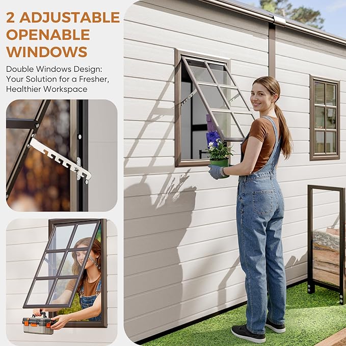 CDCASA Outdoor Storage Shed 8x8 FT, Waterproof Resin Garden Sheds Plastic Patio Outdoor Outside Storage with Floor, Adjustable Openable Windows, Lockable Door for Tool, Bike, Garbage Can