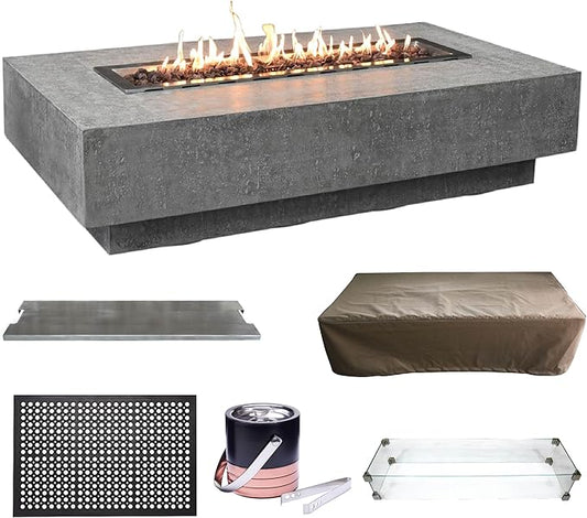 Elementi Hampton Fire Pit Bundle Outdoor Firepit Set Includes 56” Natural Gas Concrete Firepit Table, Glass Windscreen, Stainless Steel Cover, Canvas Cover, Floor Mat, Ice Bucket