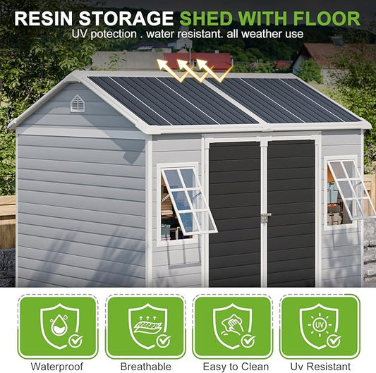 6x8 FT Plastic Storage Sheds Outdoor with Floor and Openable Window, Utility All-Weather Resin Shed Easy to Install, Large Sheds & Outdoor Storage/Tool Shed for Garden & Backyard, Gray