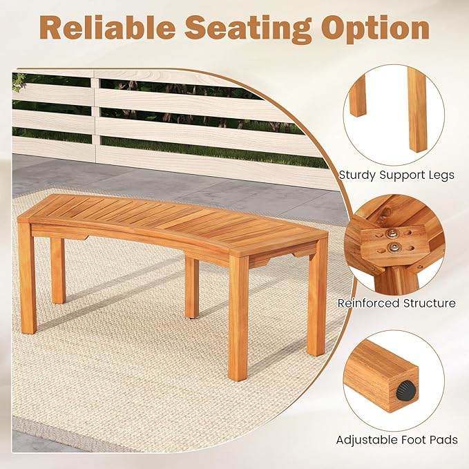 RELAX4LIFE Wooden Outdoor Curved Bench - Acacia Wood Garden Bench w/Slatted Seat, 2-Person Outside Backless Seating for Porch Backyard Deck Park, 800 LBS Load Capacity, Patio Fire Pit Bench (1, 45'')