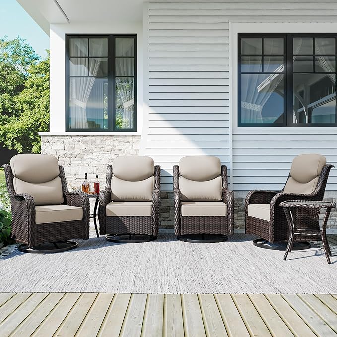 Patio Swivel Chairs Set of 4 and Side Table, Outdoor Swivel Rocker Patio Chairs with High Back and Thick Cushions, Wicker Patio Furniture Set for Porch, Deck Use (Beige, 6 PCS)