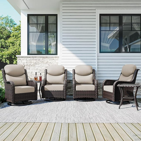 Patio Swivel Chairs Set of 4 and Side Table, Outdoor Swivel Rocker Patio Chairs with High Back and Thick Cushions, Wicker Patio Furniture Set for Porch, Deck Use (Beige, 6 PCS)