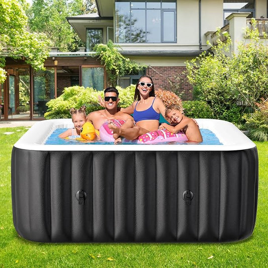 73"X73"X25" Hottub, 4-6 Person Inflatable Hot Tub, Portable Blow Up Hot Tub Square Portable Outdoor Spa with 130 Bubble Jets and Heater Pump, Filter