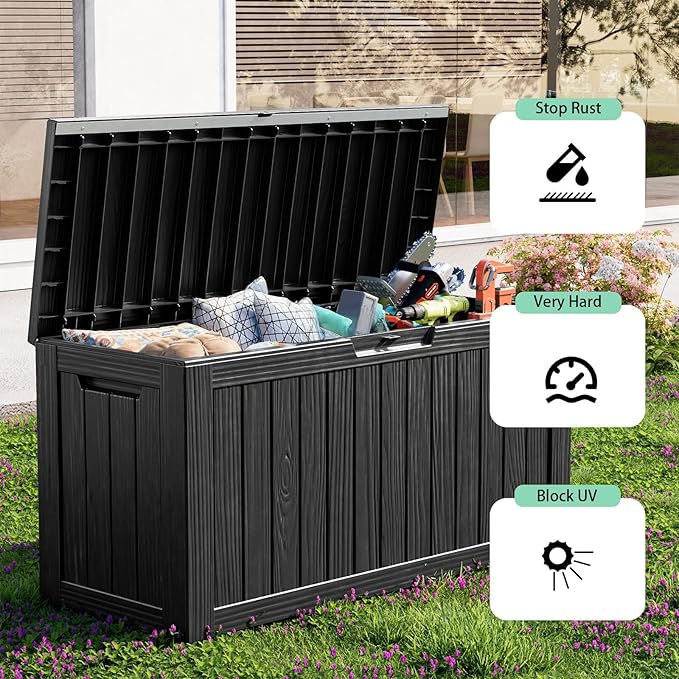 Vixzen 90 Gallon Resin Deck Box, Lockable Outdoor Storage Box for Patio Cushions Storage Furniture,Garden Tools, Pool Supplies, Weatherproof and UV Resistant,Black