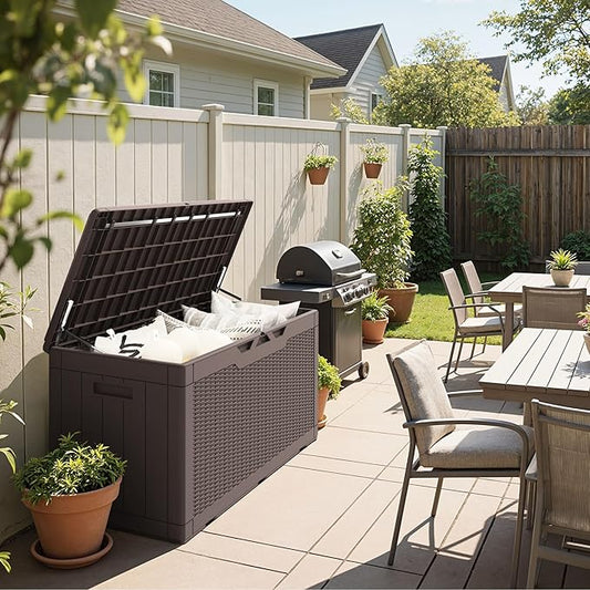 Greesum 100 Gallon Resin Deck Box Large Outdoor Storage Boxes with Cushions for Garden Tools, Patio Furniture Pillows, Pool Supplies, Dark Brown