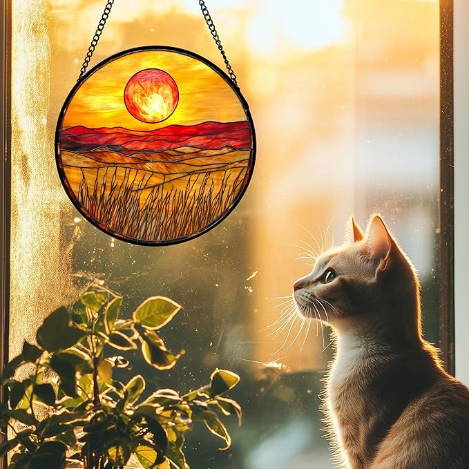 DASTOLL Stained Glass Window Hanging 4 Pcs Set Desert Sunset Theme Landscape Large 15" - Suncatcher Door Garden Sun Catcher Decor Birthday Christmas for Mom Woman Nana Men