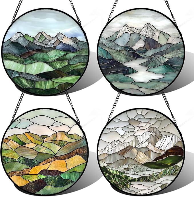 AMDERVEN Stained Glass Window Hanging 4 Pcs Set Mountain River Landscape 7.8" - Suncatcher Door Garden Sun Catcher Decor Birthday Mother's Day for Mom Woman Nana Girl Boy Friend
