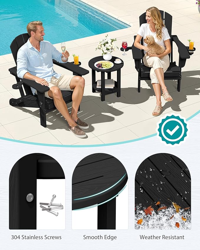SERWALL Round Outdoor Side Table Set of 4, HDPE Small Adirondack Double End Table, Black