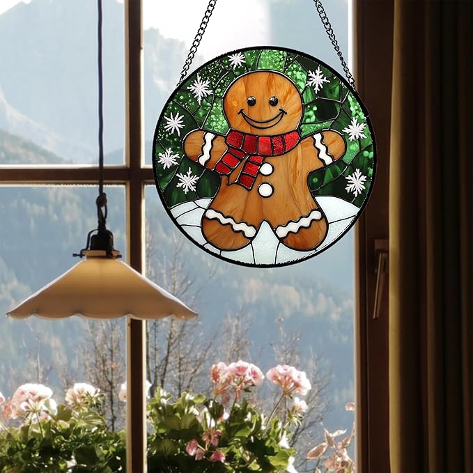 CRISGIF Stained Glass Window Hanging Cute Christmas Gingerbread Man Snowflake Large 15" - Suncatcher Door Garden Sun Catcher Home Decor Birthday for Mom Men Woman Nana Friend