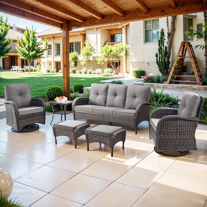 Belord 6 Piece Patio Conversation Sets - Wicker Patio Furniture Sets with Outdoor Swivel Rocker Chairs Outdoor Couch Perfect for Deck Patio Backyard, Brown Wicker Grey Cushion