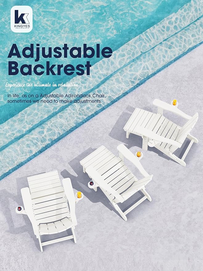 KINGYES Folding Adjustable Adirondack Chair with Ottoman & 2 Cup Holders, HDEP Multifunctional Adirondack Chair with Footrest, White
