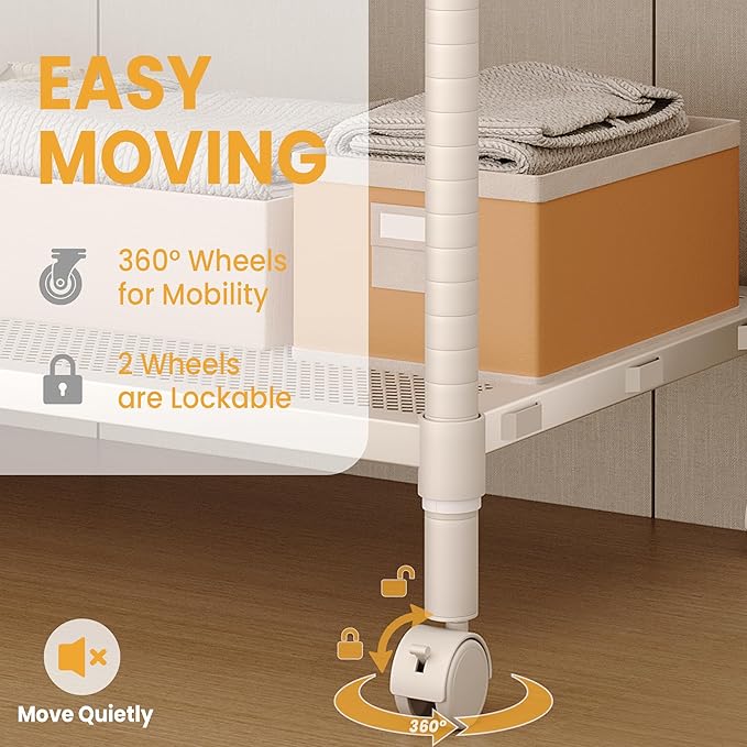 Heavy Duty Rolling Clothes Rack, 3-Tier Adjustable Garment Racks with Rods and Side Hooks, Freestanding Storage Closet Clothing Rack with Wheels for Bedroom Laundry Room Organization, White