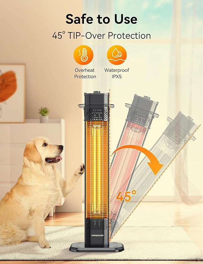 VAGKRI Outdoor Electric Patio Heater, 1500W Dual Carbon Tube 36-inch Infrared Heater, Tip-Over & Overheat Protection,1S Instant Heat, IPX5 Waterproof, Tower Space Heater for Patio, Backyard & Garage