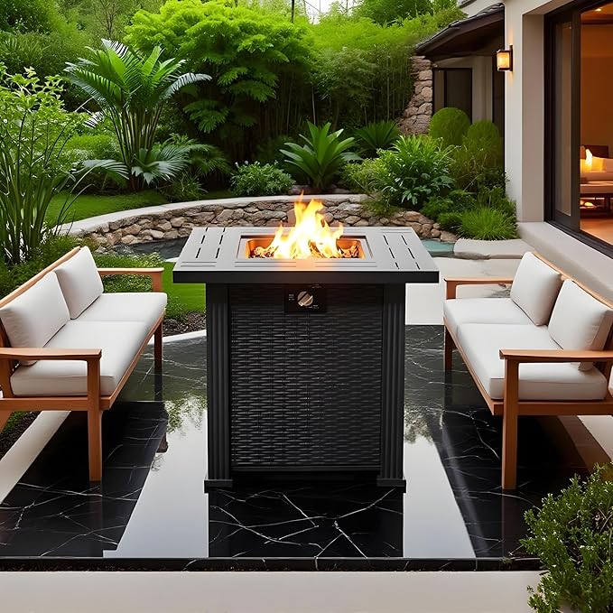 Propane Fire Pit Table, 28 Inch Steel Firepits for Outside, Square Gas Fire Pit for Outside Patio, Propane Fire Table for Patio, Backyard, Pool, 50,000 BTU, Tank Inside, Black