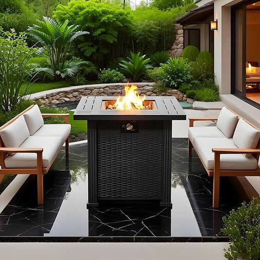Propane Fire Pit Table, 28 Inch Steel Firepits for Outside, Square Gas Fire Pit for Outside Patio, Propane Fire Table for Patio, Backyard, Pool, 50,000 BTU, Tank Inside, Black