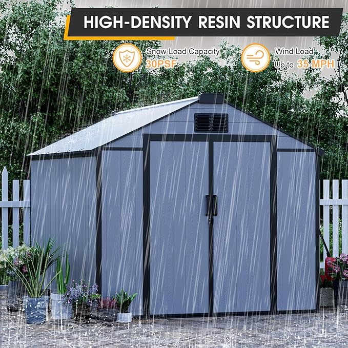 8 x 8 FT Resin Outdoor Storage Shed, All-Weather Plastic Garden Shed with Floor, Lockable Doors & Windows, Plastic Tool Shed for Poolside, Backyard, Patio