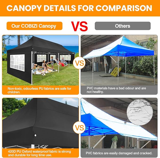COBIZI 10x30 Pop up Canopy with 8 Removable Sidewalls, Outdoor Canopy Waterproof Commercial Tents for Parties Wedding, with Upgrade Raised Top Cover and Roller Bag, with 4 Sandbags(Black)