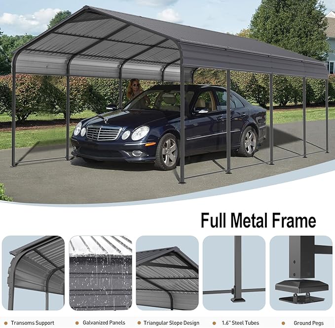 Ball & Cast 12x20 FT Carport with Galvanized Steel Roof, Heavy Duty Metal Carport Canopy, Metal Carport Garage Outdoor Storage Shed for Car, Boats and Truck, Gray
