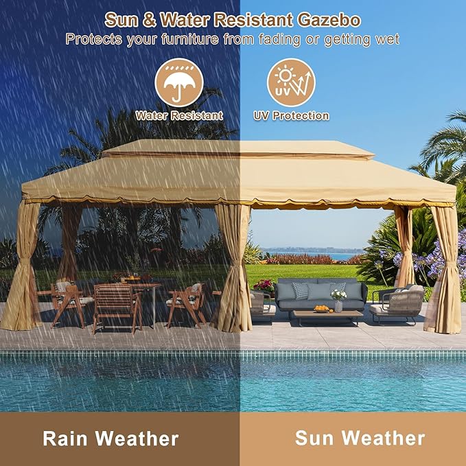 MELLCOM 10x20 Kahaki Outdoor Canopy Gazebo, Double Roof Patio Pergolas Steel Frame with Netting and Shade Curtains for Garden,Patio,Party Canopy