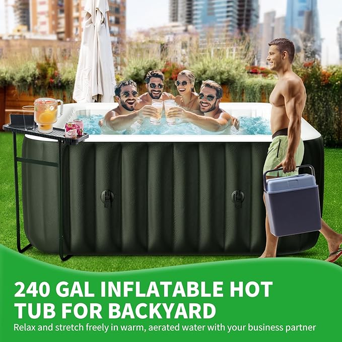 4-6 Person Square Inflatable Hot Tub, Blow Up Portable Hot Tub, Leak-Proof PVC Outdoor Spa with 130 Strong Air Jets, Heater Pump and Insulated Cover