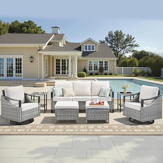 7 Pieces Patio Furniture Sets - High Back Outdoor Sectional Couch with Wicker Swivel Rocker Chairs, Rattan Ottomans with Side Table, Patio Conversation Set for Deck Garden Porch Balcony Gray/Beige