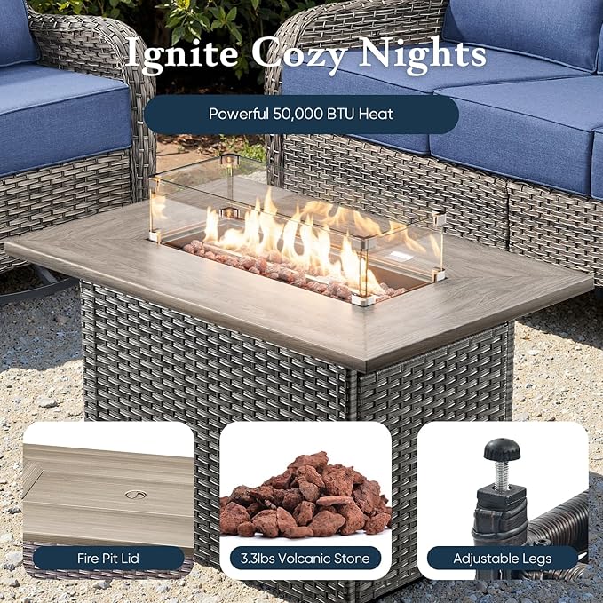 Belord Luxury 6" Thick Cushioned 5 Pieces Patio Furniture Set with Fire Pit Table, Wicker Outdoor Conversation Set with High Back Swivel Rocker Chairs for Deck Porch Yard and Poolside - Grey+Blue