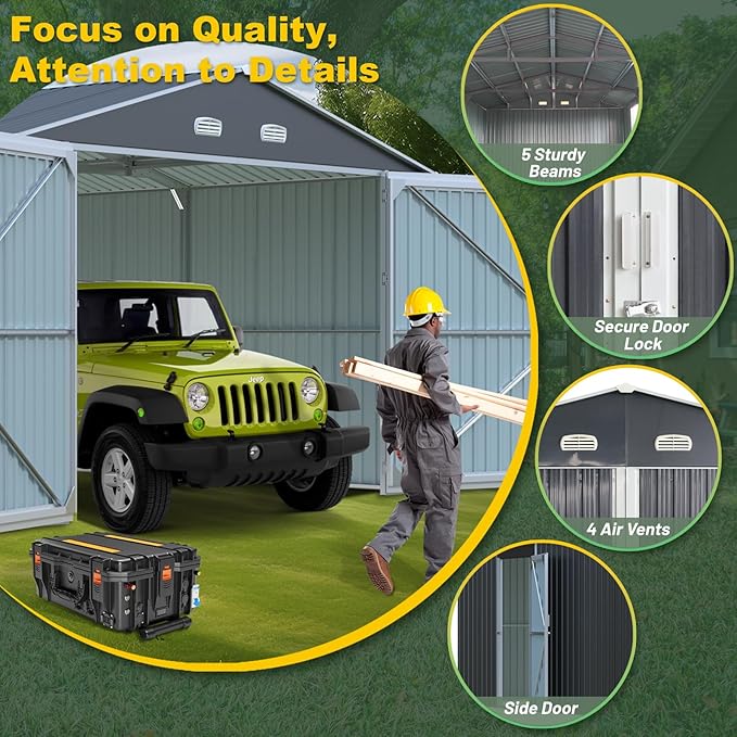 Metal Garage Shed 13x20 FT, Sheds & Outdoor Storage Clearance, Outdoor Storage Shed for Car, Truck, Bike, Lawnmower, Backyard Tool House Building 2 Doors and 4 Vents Dark Gray