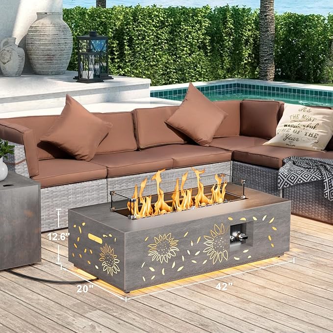 42" Firepit Table for Outside Patio with LED Light Decorative Design 50,000 BTU Includes Wind Guard, Lid, Rocks & Cover - Patio Gas Propane Fire Pit Table (Grey/Sunflower Cutout, 42" LED)