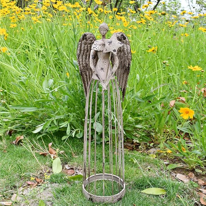 Linfevisi Garden Angel Statue Decor Rustic Metal Angel Sculpture Garden Yard Art Heavenly Home Decor Antiqued Accent Housewarming Gift 2 Pack (Star & Heart)