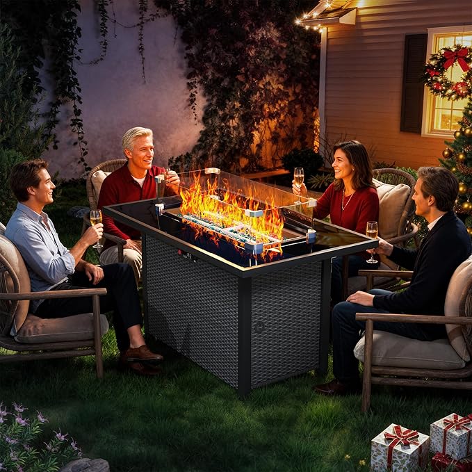 43-Inch Propane Fire Pit Table, Rattan Rectangular Outdoor Gas Fire Pit W/Glass Wind Guard, Tempered Glass Tabletop & Lid, CSA Listed, 60,000 BTU, 304 Stainless Steel H-Burner, for Outside Patio,Black
