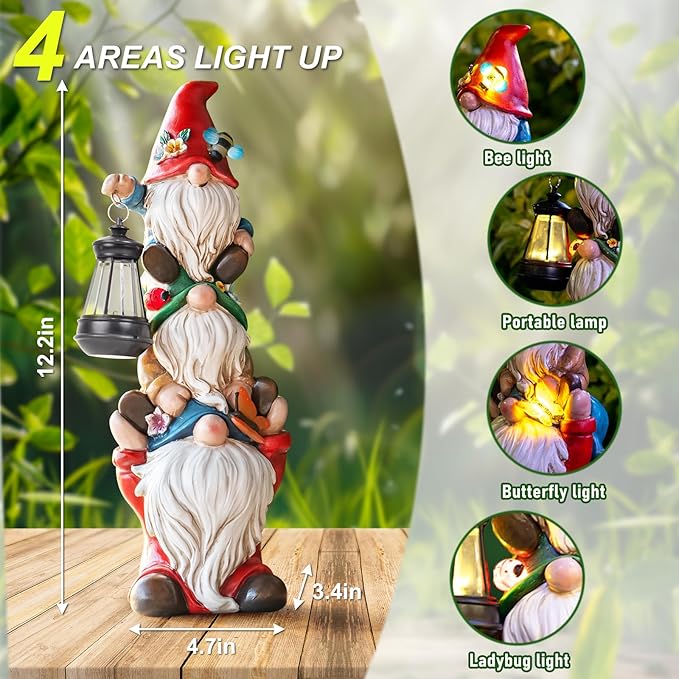 twinbling Garden Gnome Statue with Solar Lights Garden Sculptures Funny Triple Gnome Outdoor Patio Lawn Yard Balcony Home Decor Birthday Gift for Woman Grandma 12 in Spring Gnomes