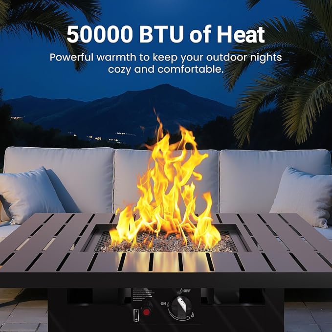 30'' Propane Fire Pit Table, 50000 BTU Gas Fire Pits Table with Removable Lid and Lava Rock, Square Fire Table with Cover, Ideal for Dining or Party on Patio, Garden, Yard, Black