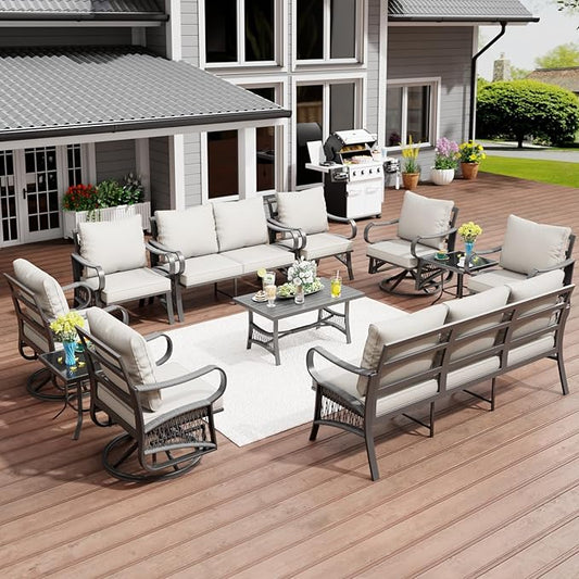 11 Piece Patio Furniture Set, 4 Single Swivel Chairs, Rope Braided Exposed with Thick Cushions, Outdoor All Weather Patio Conversation Sectional Sofa Set for Garden, Porch, Lawn, Beige