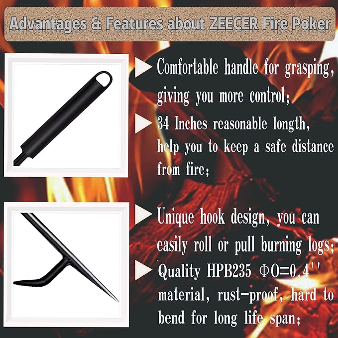 Fire Poker for Fire Pit, Heavy Duty 34-Inch Solid Steel Fireplace Poker, Portable Removable Design Poker Fire Poker for Fire Pit Outdoor Fireplaces Solo Stove Campfires & Indoor Use