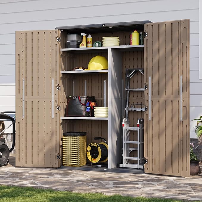 Aoxun Outdoor Storage Shed with Metal Shelving Kit & Floor, 64 Cu.Ft Large Outdoor Storage Cabinet, Waterproof Vertical Resin Shed for Garden Tools, Pool Equipment, Brown