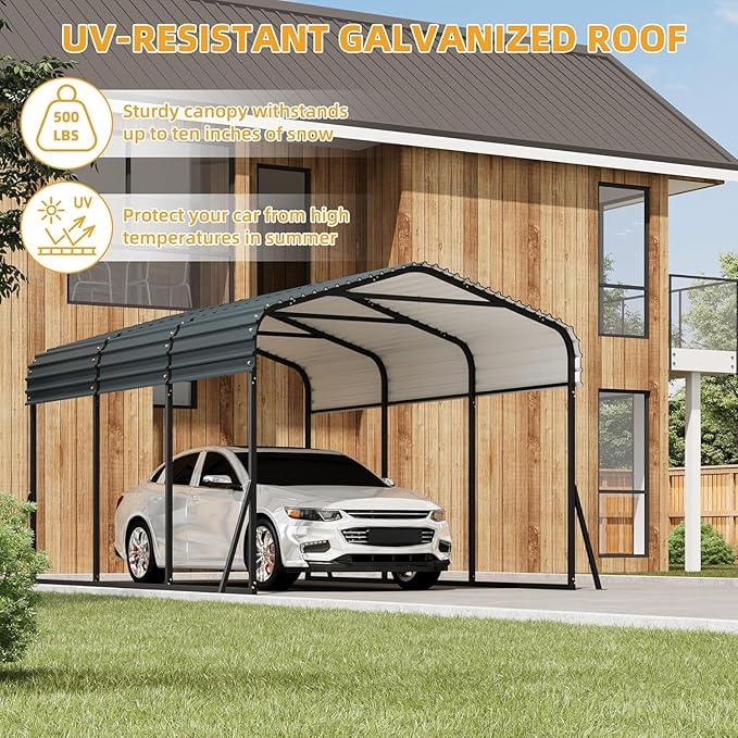 GAOMON Metal Carport, Carport with Reinforced Base and Galvanized Steel Roof, Heavy Duty Garage Car Shelter Shade, Outdoor Car Port Canopy for SUV, Truck, Boats, 10x15 FT
