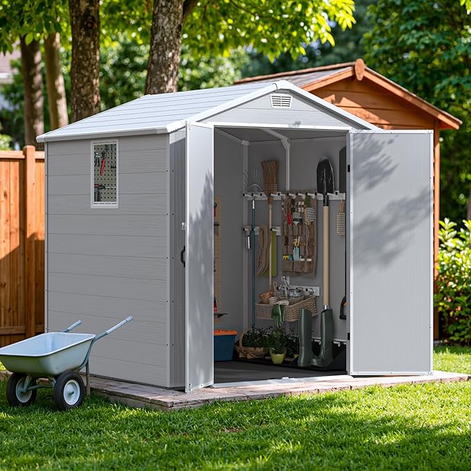 Devoko 6x6 FT Plastic Outdoor Storage Shed - Lockable Resin Tool Shed with Window & Floor - Easy Assembly for Garden, Backyard, Light Gray