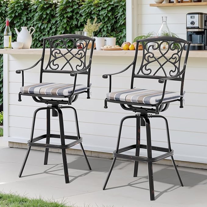 Crestlive Products Outdoor Bar Stools with Sunbrella Cushion Set of 2, 360° Swivel Patio Bar Height Chairs, All Weather Commercial Grade Furniture, Antique Brown Finish for Outside (Milano Char)