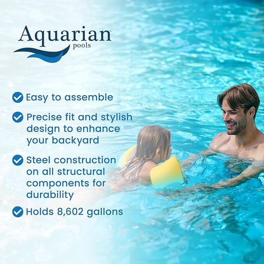 Aquarian Above Ground Pool Kit w/ Sand Filter & Pump, Phoenix Steel-Frame, 18', Gray - Large Heavy-Duty Outdoor Family Swimming Pool for Backyard, Patio, and Yard